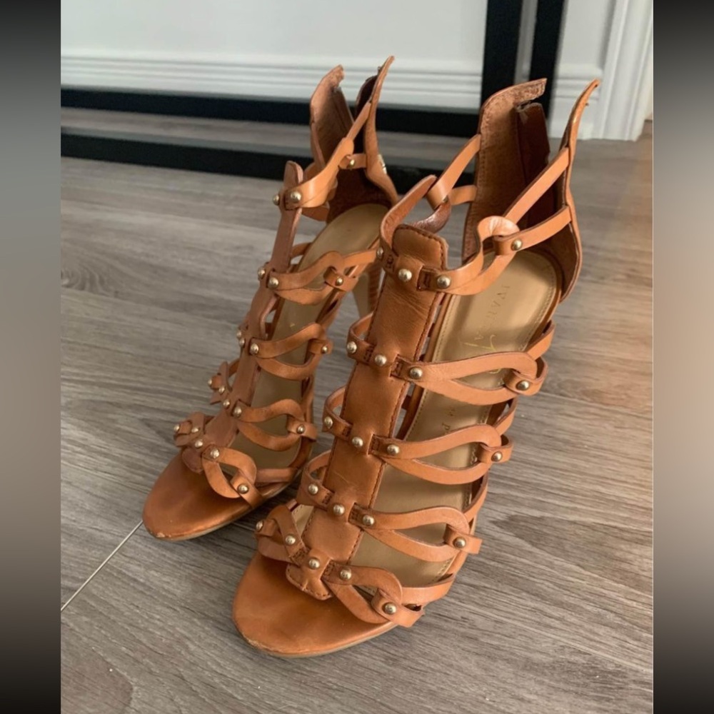 Brown strappy leather sandal heels